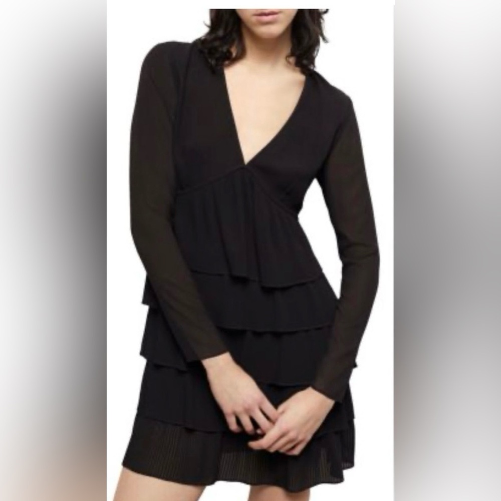 The Kooples Pleated Tiered Black Mini Dress NWT $385 Sz 1 (US Small)